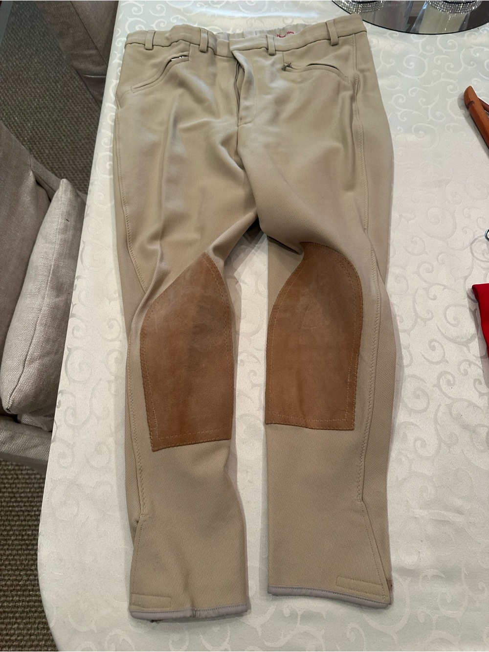Beige Riding Breeches with Brown Suede Knee Patches